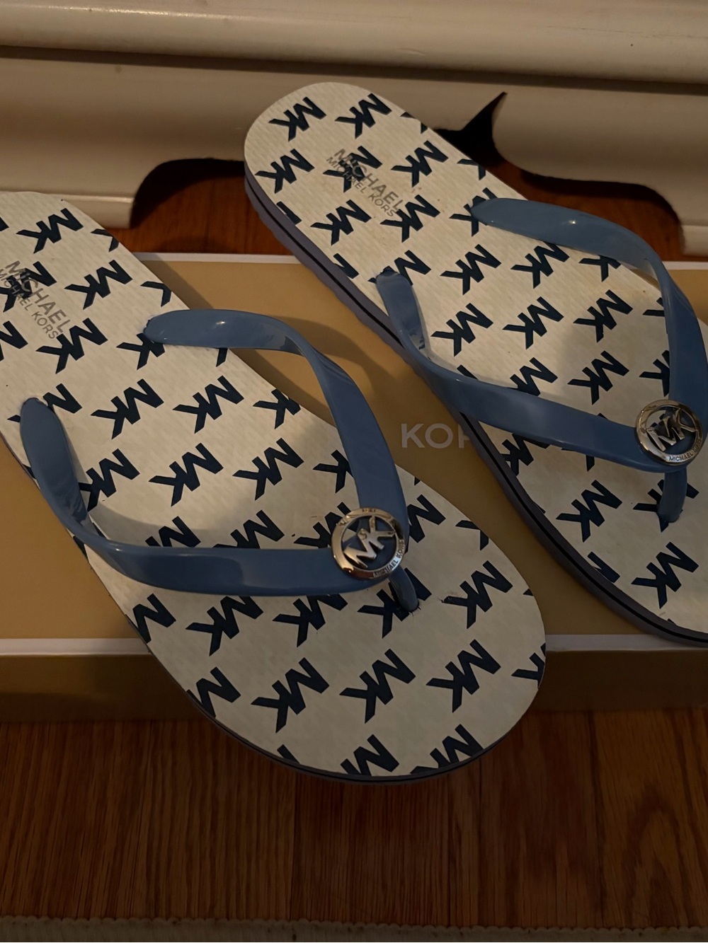 Michael Kors Women’s Navy Blue MK Logo Flip Flops
